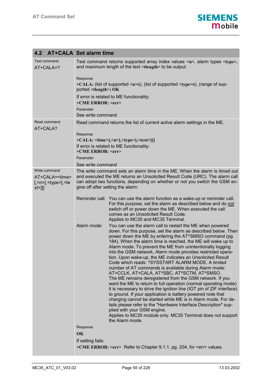 At+cala set alarm time, 2 at+cala set alarm time | Siemens MC35 User Manual | Page 55 / 228