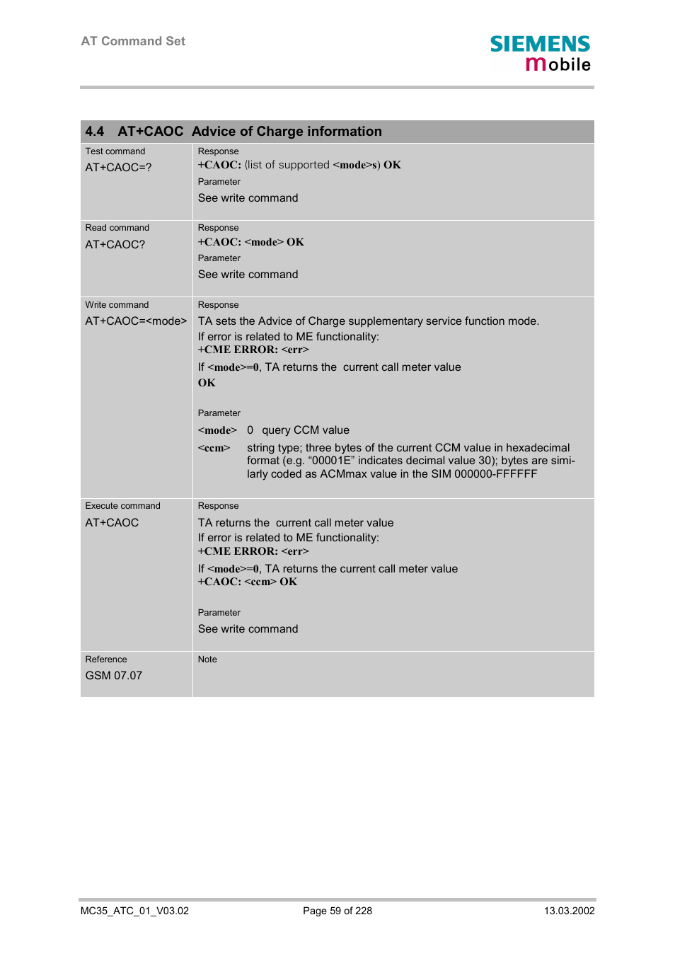 At+caoc advice of charge information, 4 at+caoc advice of charge information | Siemens MC35 User Manual | Page 59 / 228