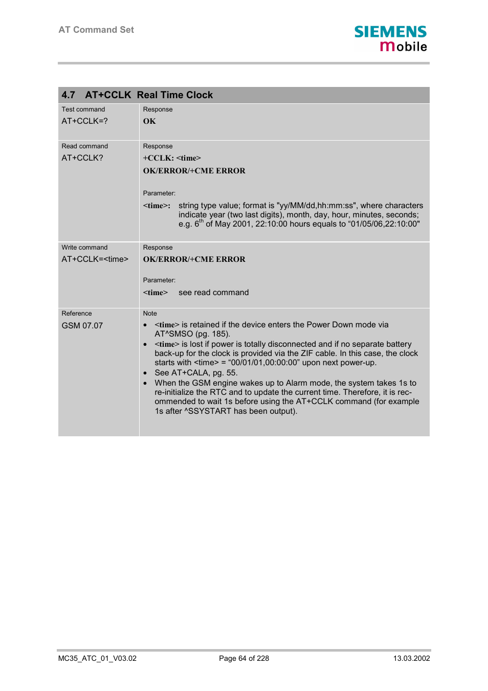 At+cclk real time clock, 7 at+cclk real time clock | Siemens MC35 User Manual | Page 64 / 228