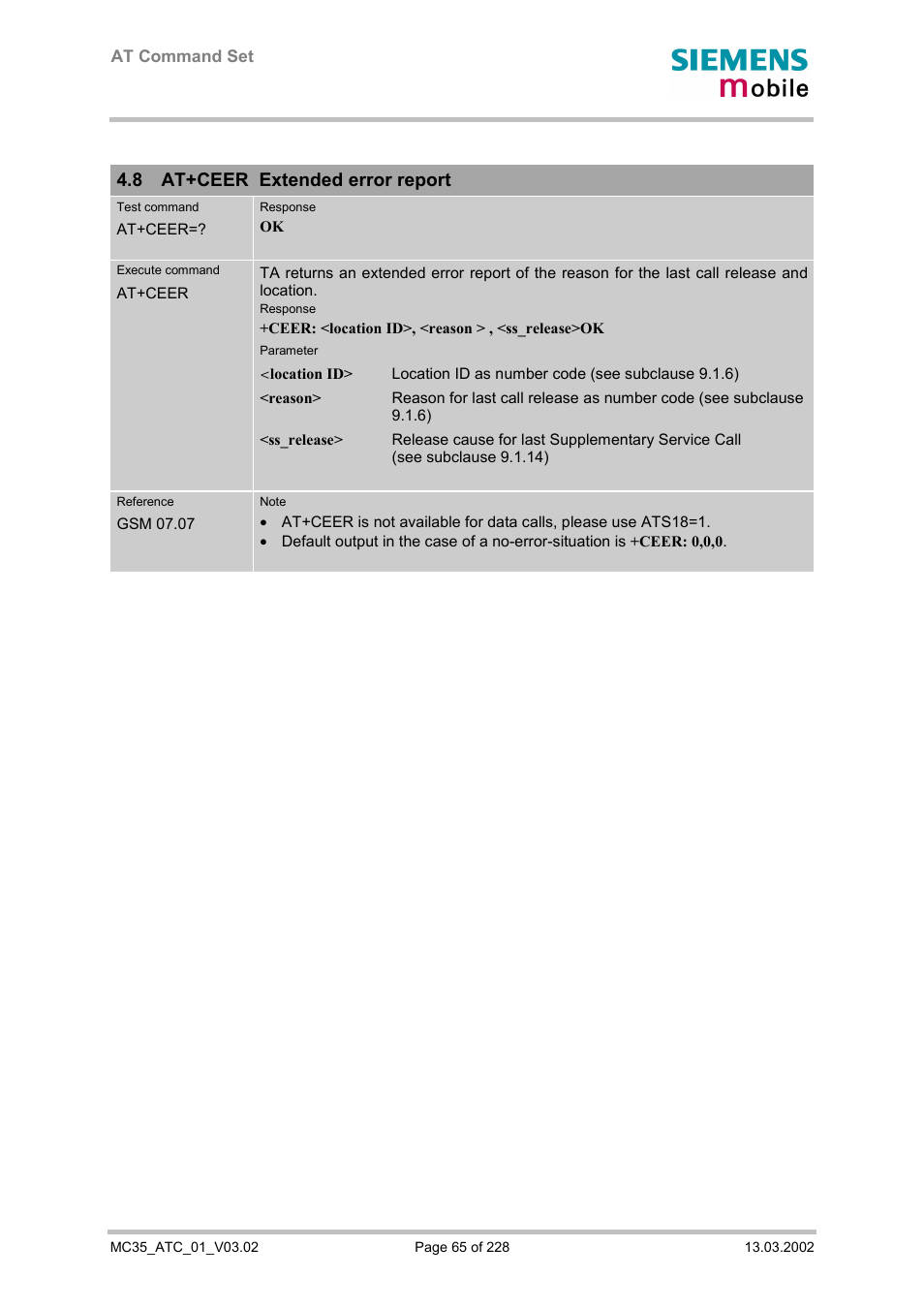 At+ceer extended error report, 8 at+ceer extended error report | Siemens MC35 User Manual | Page 65 / 228