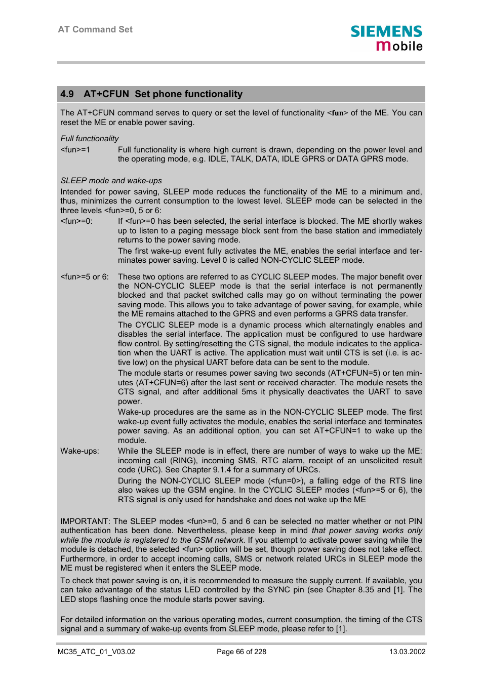 At+cfun set phone functionality, 9 at+cfun set phone functionality | Siemens MC35 User Manual | Page 66 / 228