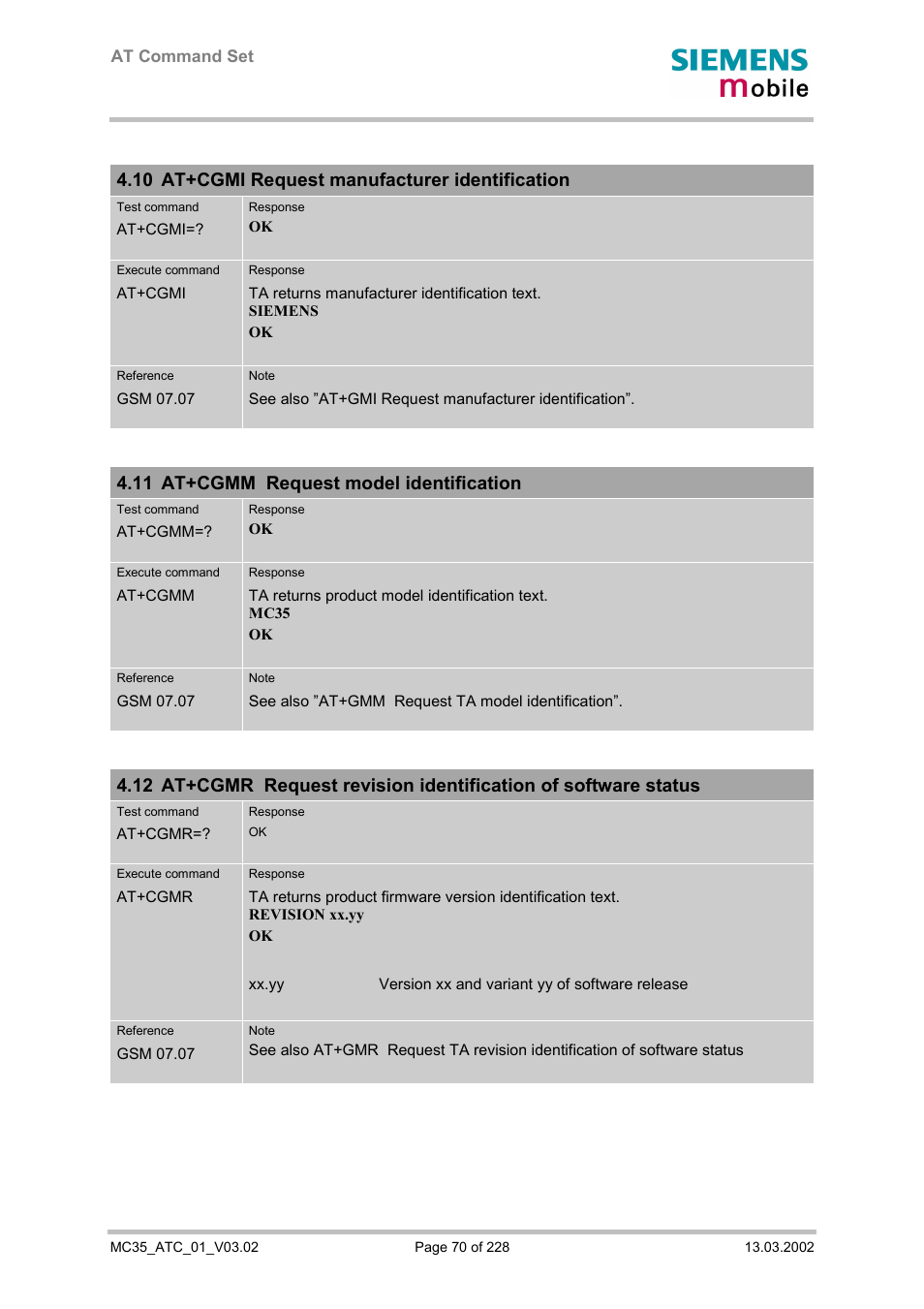 At+cgmi request manufacturer identification, At+cgmm request model identification, 10 at+cgmi request manufacturer identification | 11 at+cgmm request model identification | Siemens MC35 User Manual | Page 70 / 228