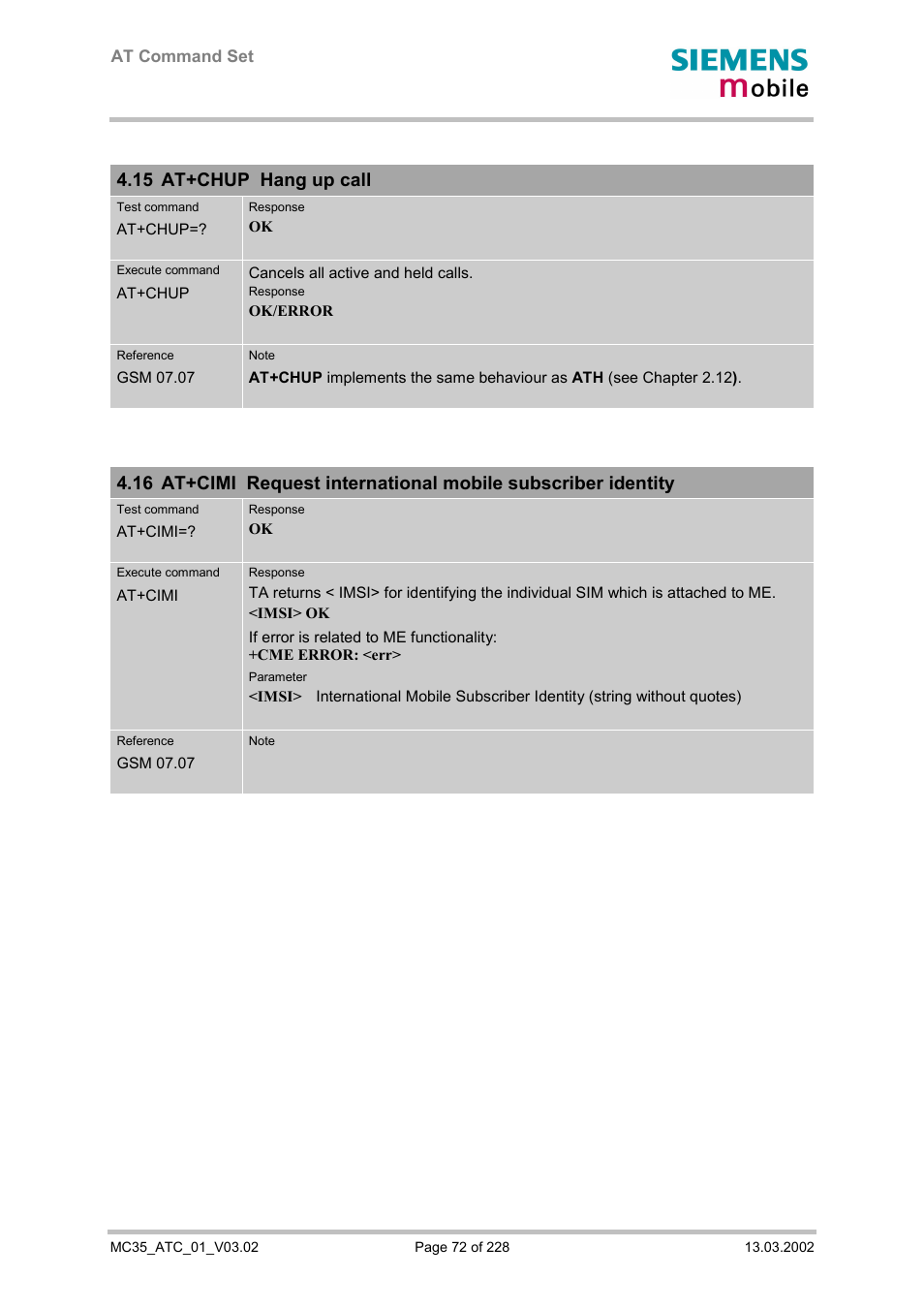 At+chup hang up call, 15 at+chup hang up call | Siemens MC35 User Manual | Page 72 / 228