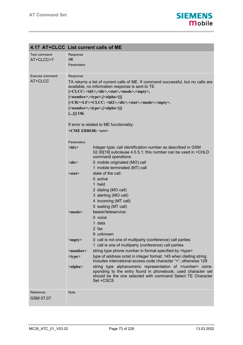 At+clcc list current calls of me, 17 at+clcc list current calls of me | Siemens MC35 User Manual | Page 73 / 228