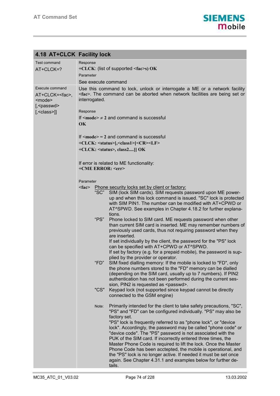 At+clck facility lock, 18 at+clck facility lock | Siemens MC35 User Manual | Page 74 / 228