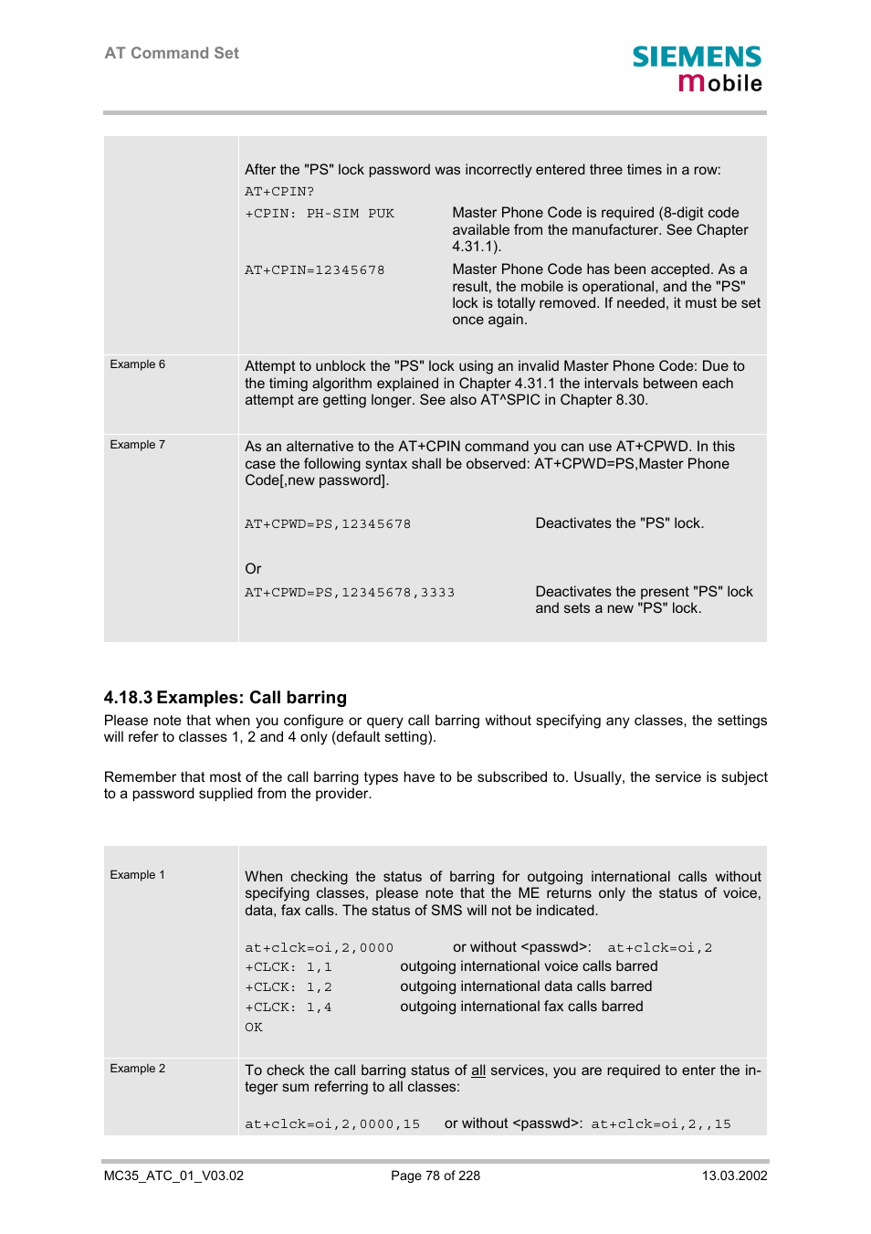 Examples: call barring, 3 examples: call barring | Siemens MC35 User Manual | Page 78 / 228