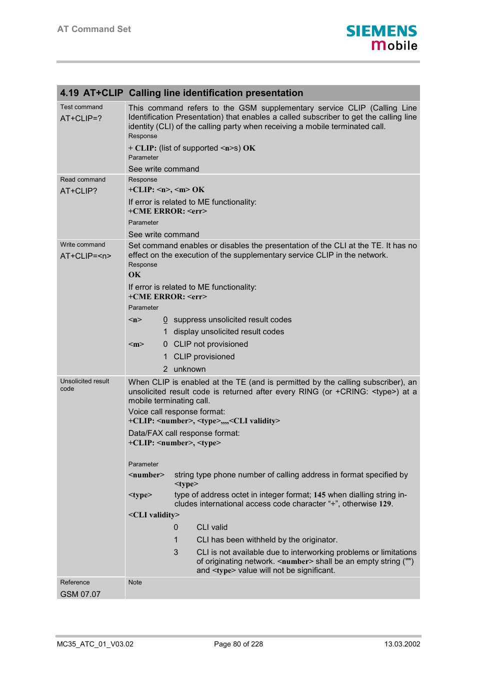 At+clip calling line identification presentation | Siemens MC35 User Manual | Page 80 / 228