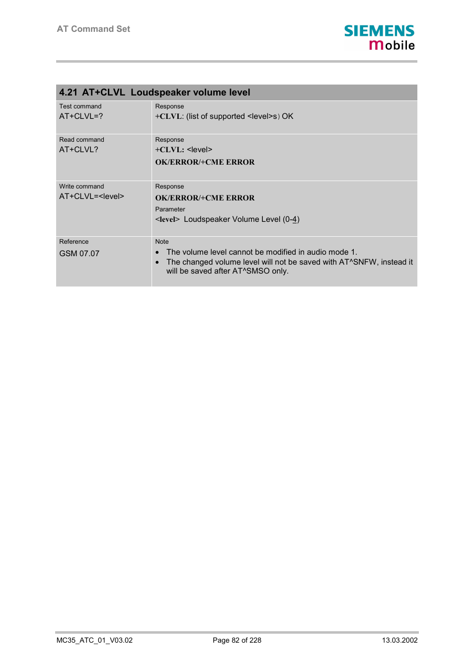 At+clvl loudspeaker volume level, 21 at+clvl loudspeaker volume level | Siemens MC35 User Manual | Page 82 / 228