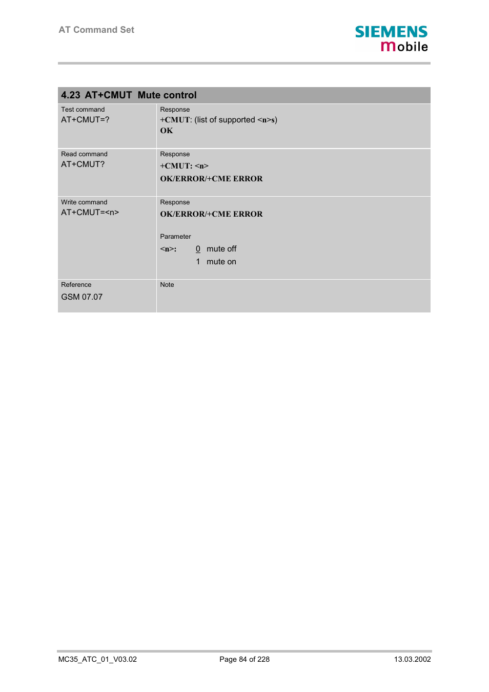 At+cmut mute control, 23 at+cmut mute control | Siemens MC35 User Manual | Page 84 / 228