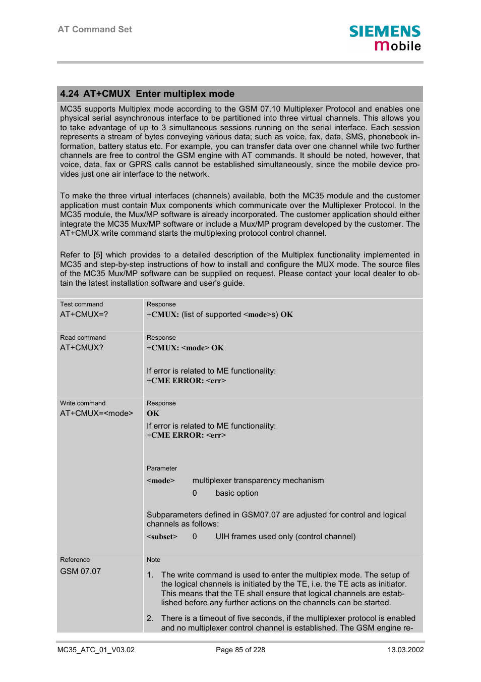 At+cmux enter multiplex mode, Restricted use of at commands in multiplex mode, Pg. 85) | 24 at+cmux enter multiplex mode | Siemens MC35 User Manual | Page 85 / 228