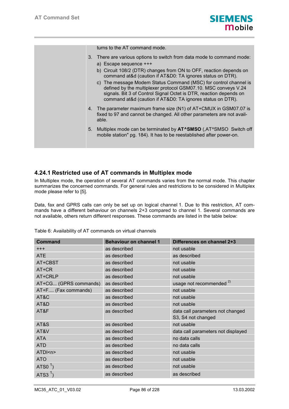 1 restricted use of at commands in multiplex mode | Siemens MC35 User Manual | Page 86 / 228