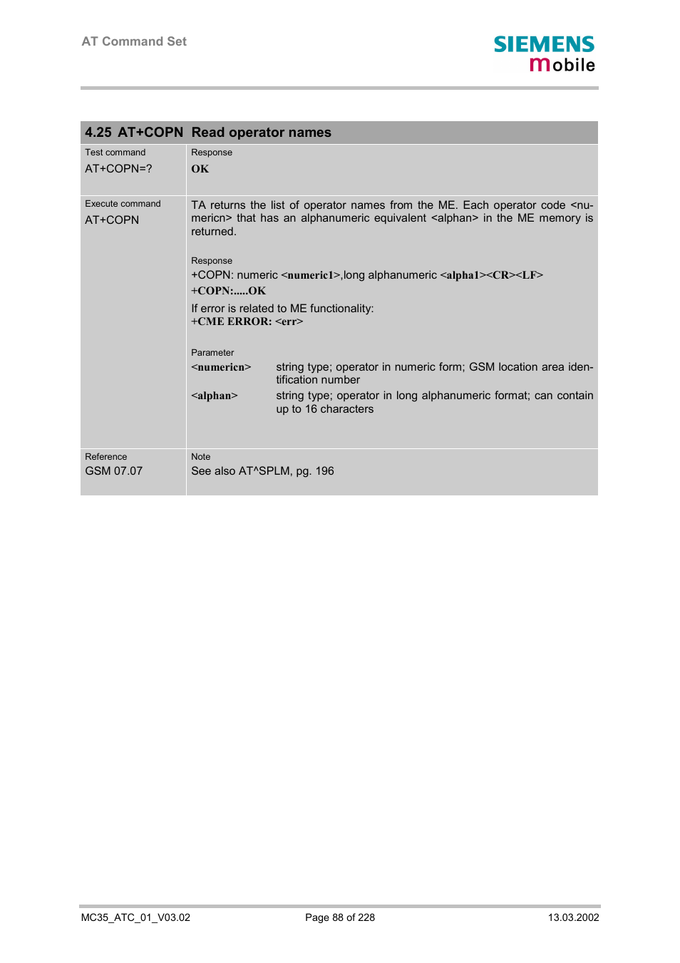 At+copn read operator names, 25 at+copn read operator names | Siemens MC35 User Manual | Page 88 / 228