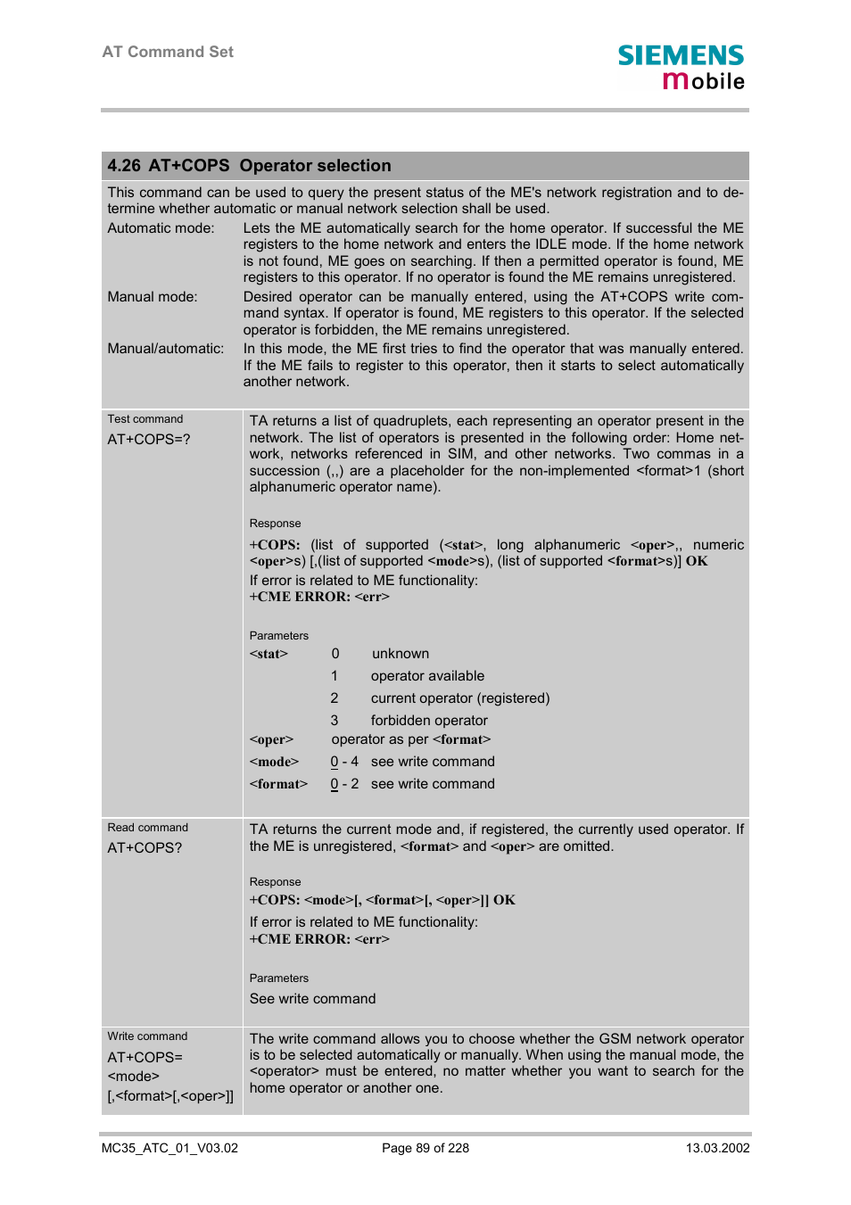 At+cops operator selection, 26 at+cops operator selection | Siemens MC35 User Manual | Page 89 / 228