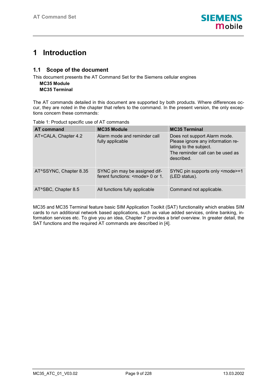 Introduction, Scope of the document, 1 introduction | Siemens MC35 User Manual | Page 9 / 228