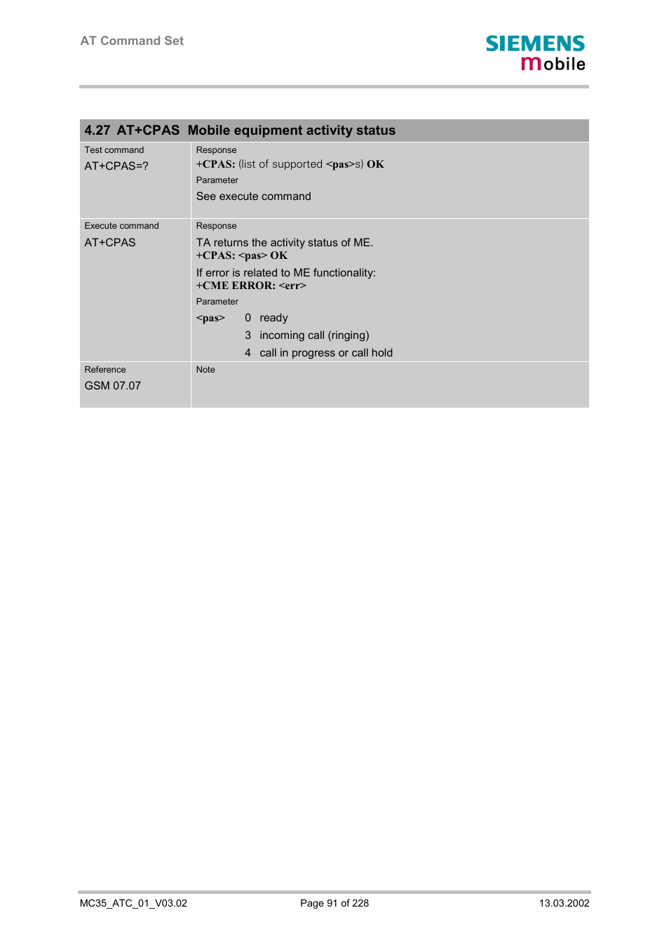 At+cpas mobile equipment activity status, 27 at+cpas mobile equipment activity status | Siemens MC35 User Manual | Page 91 / 228