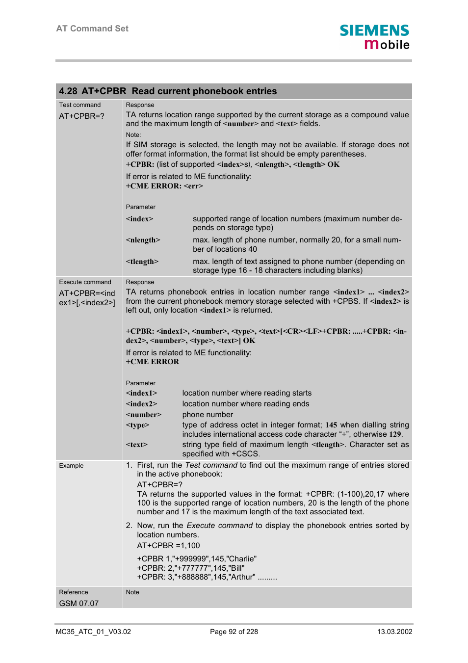 At+cpbr read current phonebook entries, 28 at+cpbr read current phonebook entries | Siemens MC35 User Manual | Page 92 / 228