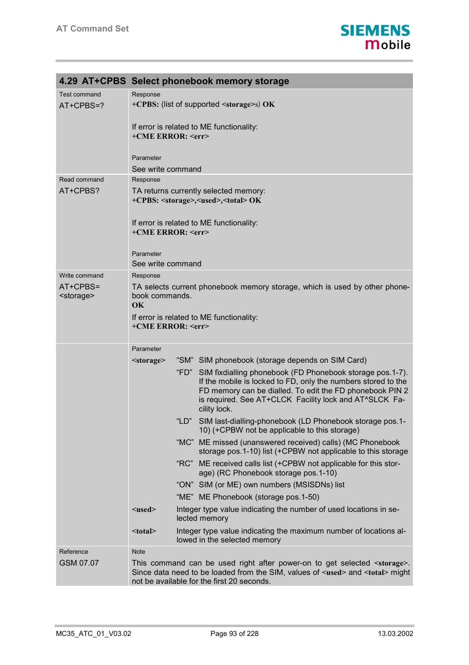 At+cpbs select phonebook memory storage | Siemens MC35 User Manual | Page 93 / 228