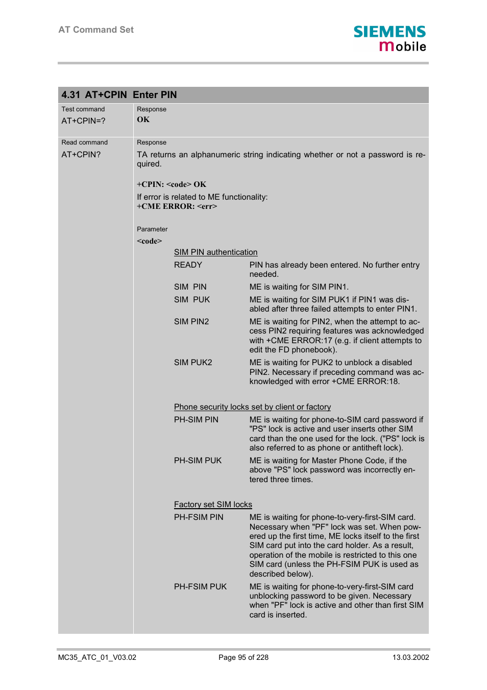 At+cpin enter pin, 31 at+cpin enter pin | Siemens MC35 User Manual | Page 95 / 228