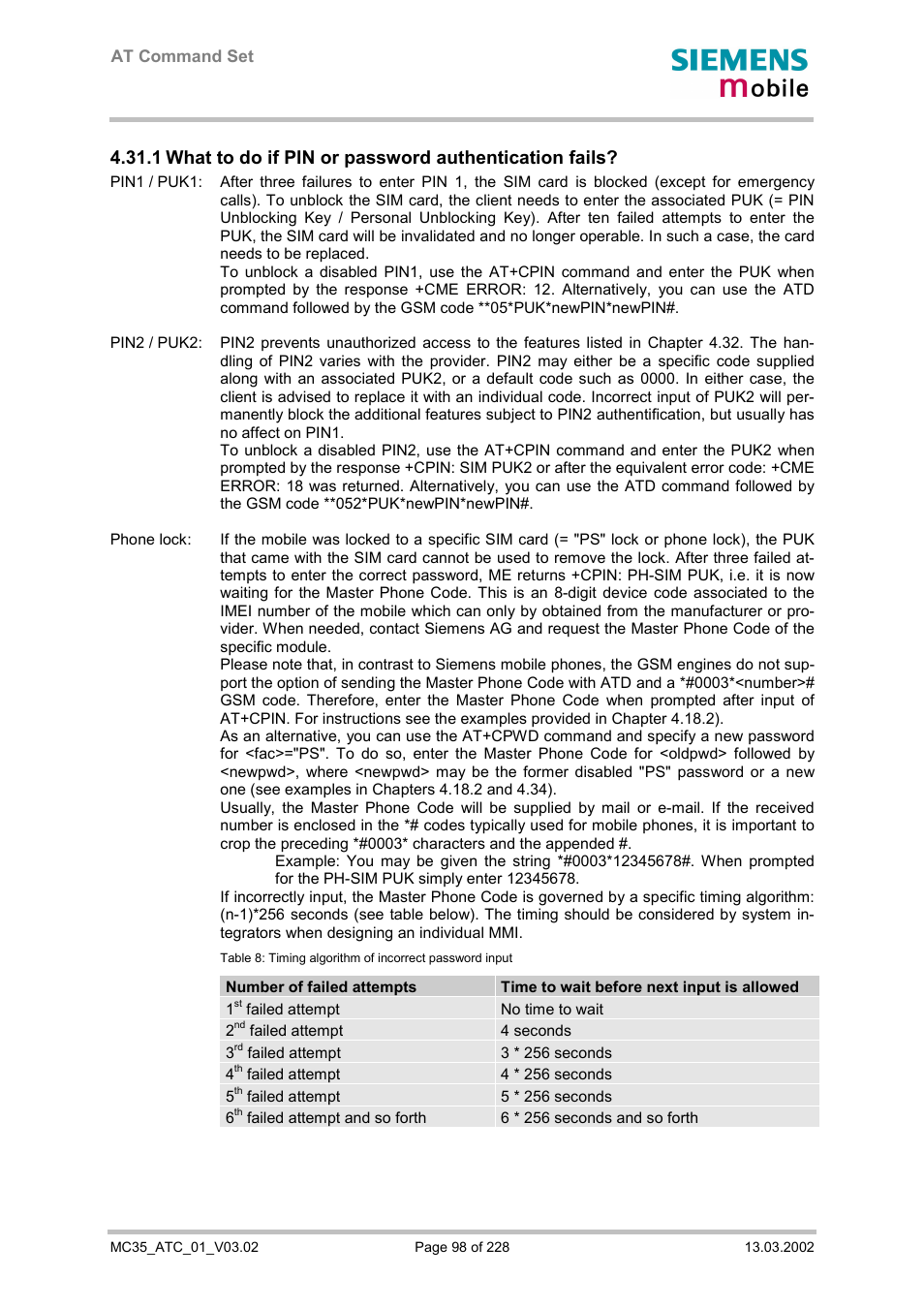 What to do if pin or password authentication fails | Siemens MC35 User Manual | Page 98 / 228