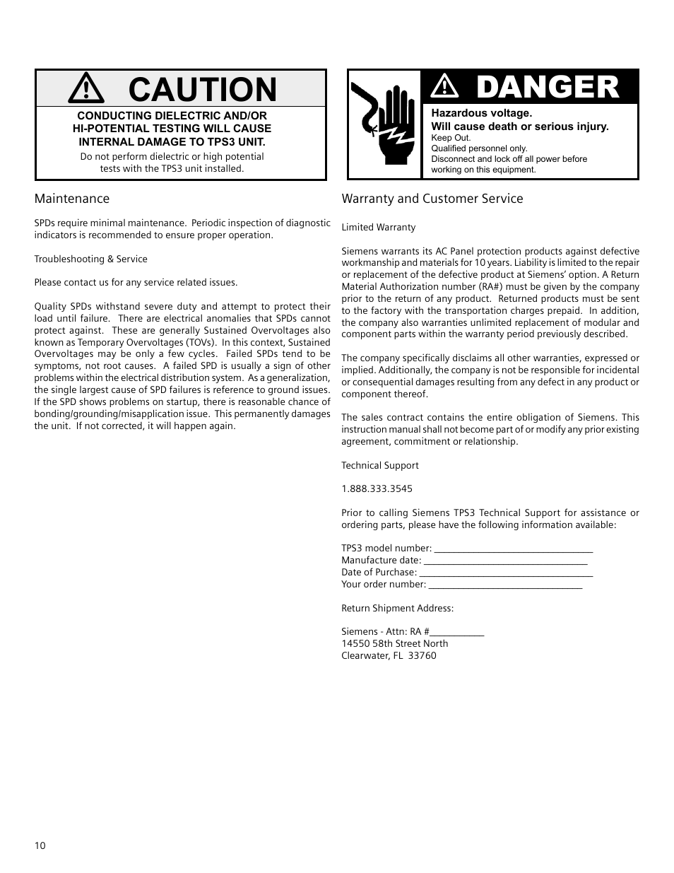 Caution, Vdanger | Siemens TPS3 11 User Manual | Page 10 / 12