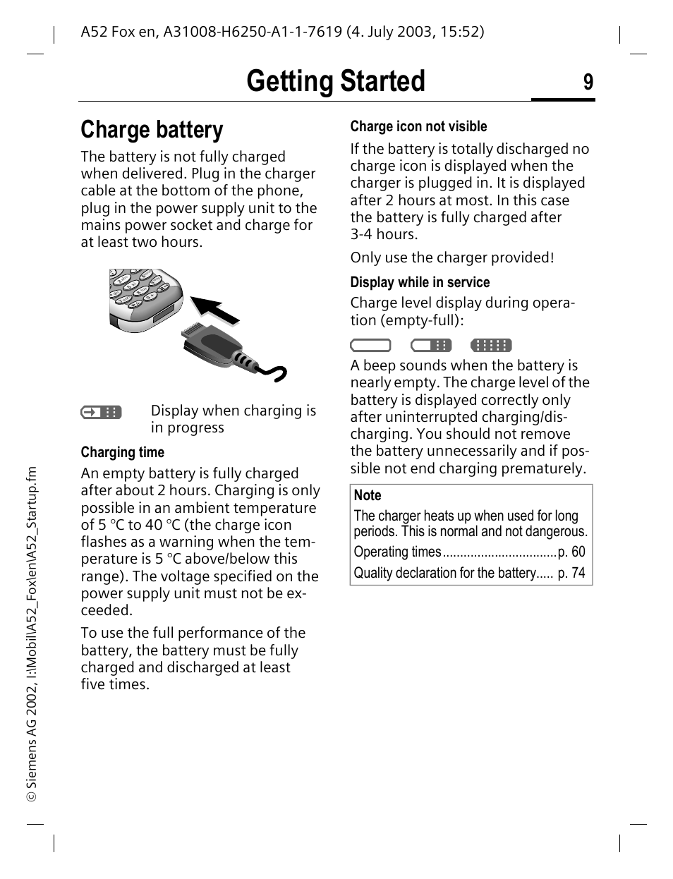 Charge battery, Getting started, A d g | Siemens A52 User Manual | Page 10 / 81