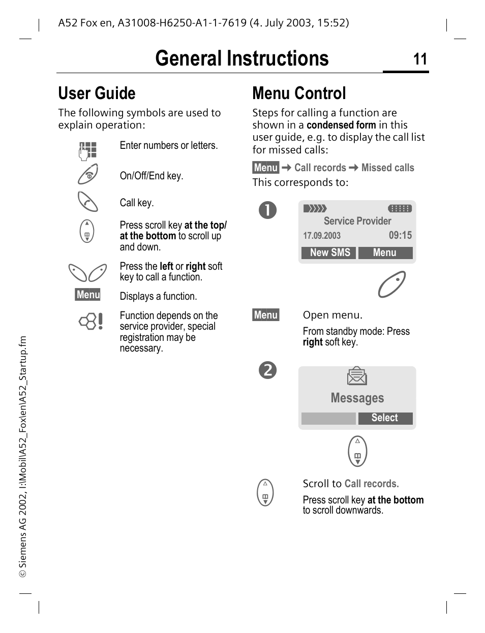 General instructions, User guide, Menu control | User guide menu control | Siemens A52 User Manual | Page 12 / 81