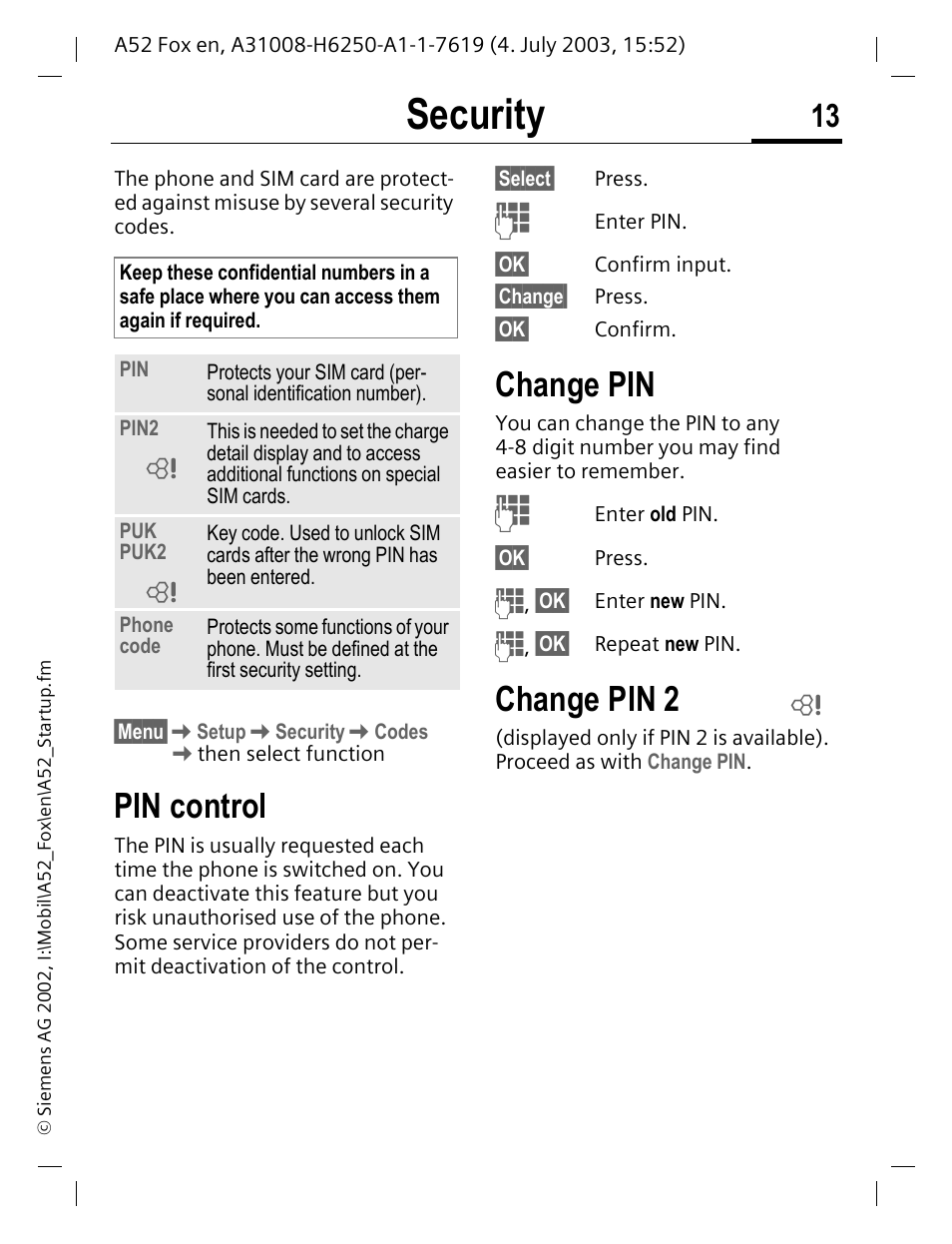 Security, Change pin, P. 13 | Pin control, Change pin 2 | Siemens A52 User Manual | Page 14 / 81