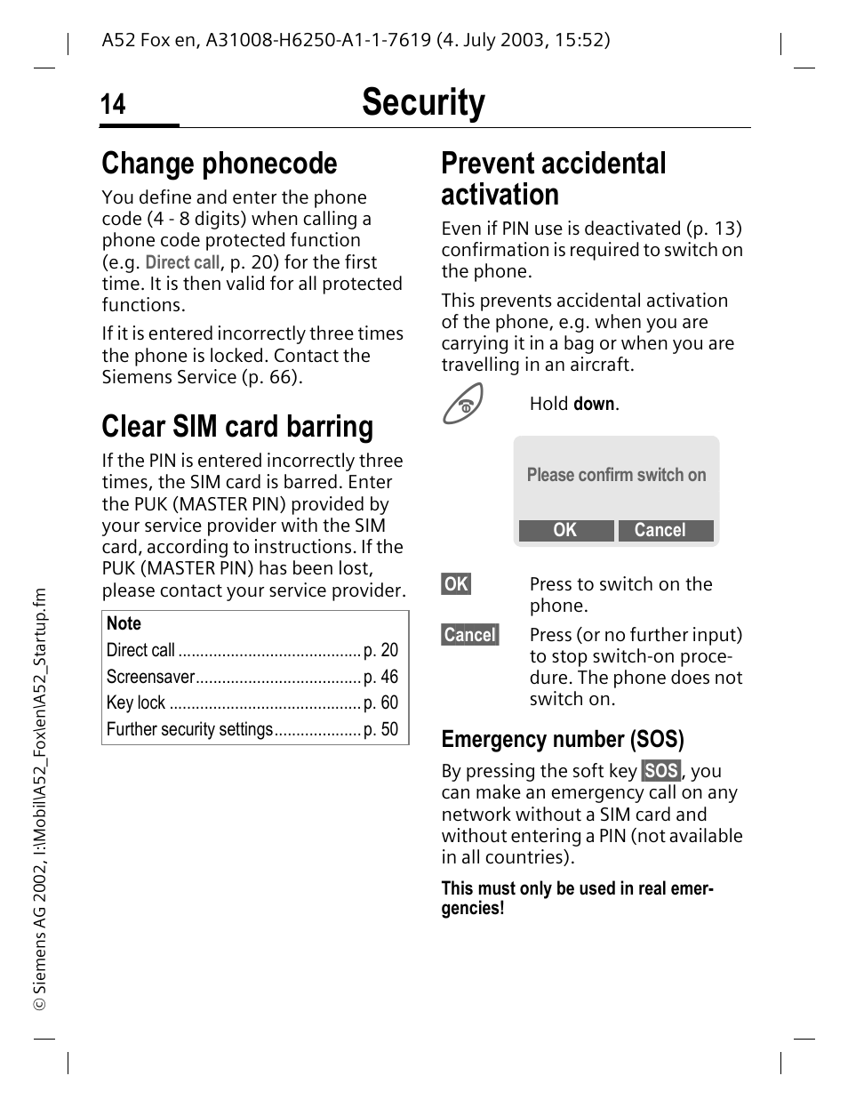 P. 14, Security, Change phonecode | Clear sim card barring, Prevent accidental activation, Emergency number (sos) | Siemens A52 User Manual | Page 15 / 81