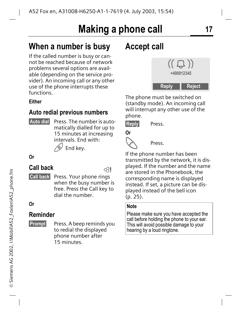 When a number is busy, Accept call, When a number is busy accept call | Making a phone call, Auto redial previous numbers, Call back, Reminder | Siemens A52 User Manual | Page 18 / 81