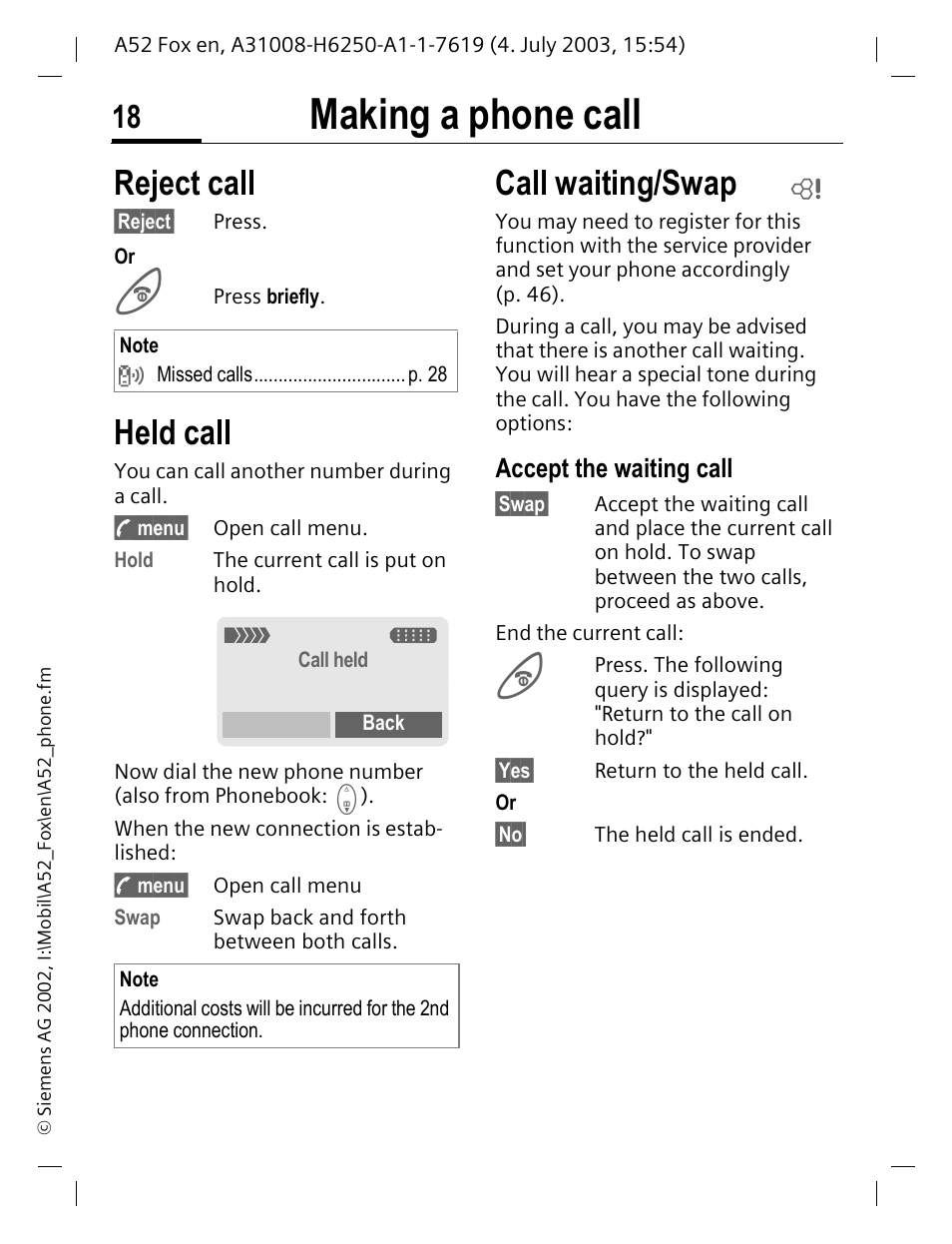 Reject call, Held call, Call waiting/swap | Reject call held call, P. 18, Making a phone call, Accept the waiting call | Siemens A52 User Manual | Page 19 / 81