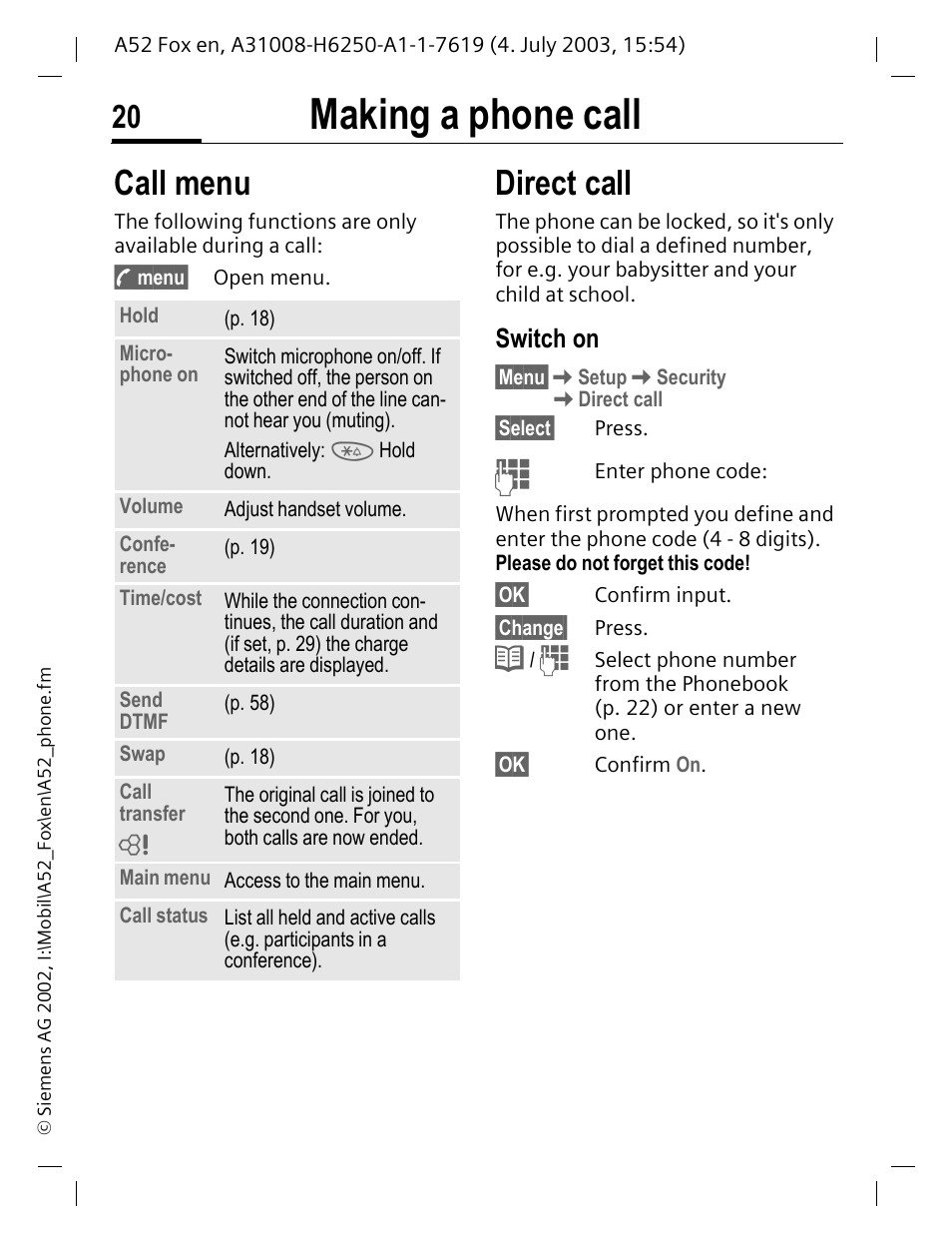 Call menu, Direct call, Call menu direct call | P. 20, Making a phone call, Switch on | Siemens A52 User Manual | Page 21 / 81