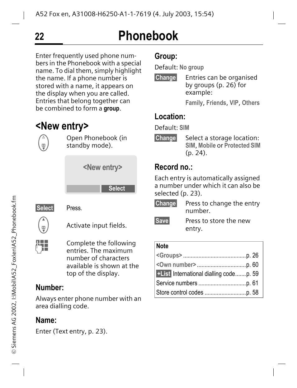 Phonebook, New entry, P. 22 | P. 22) or en, Number, Name, Group, Location, Record no | Siemens A52 User Manual | Page 23 / 81