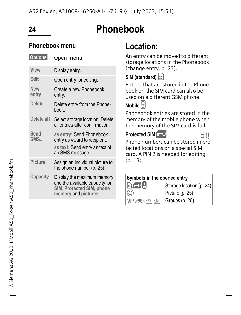 Location, P. 24), Phonebook | Phonebook menu | Siemens A52 User Manual | Page 25 / 81