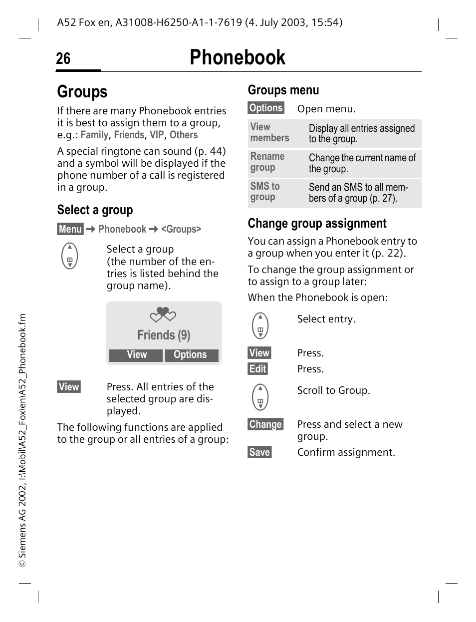 Groups, P. 26) for, P. 26 | S (p. 26), Phonebook, Select a group, Groups menu, Change group assignment, Friends (9) | Siemens A52 User Manual | Page 27 / 81