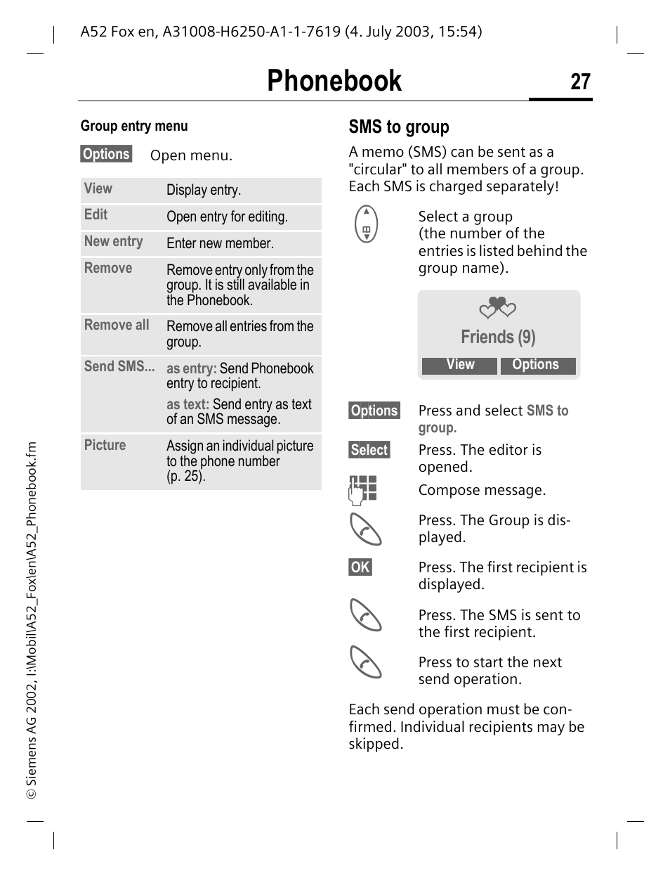 Phonebook | Siemens A52 User Manual | Page 28 / 81