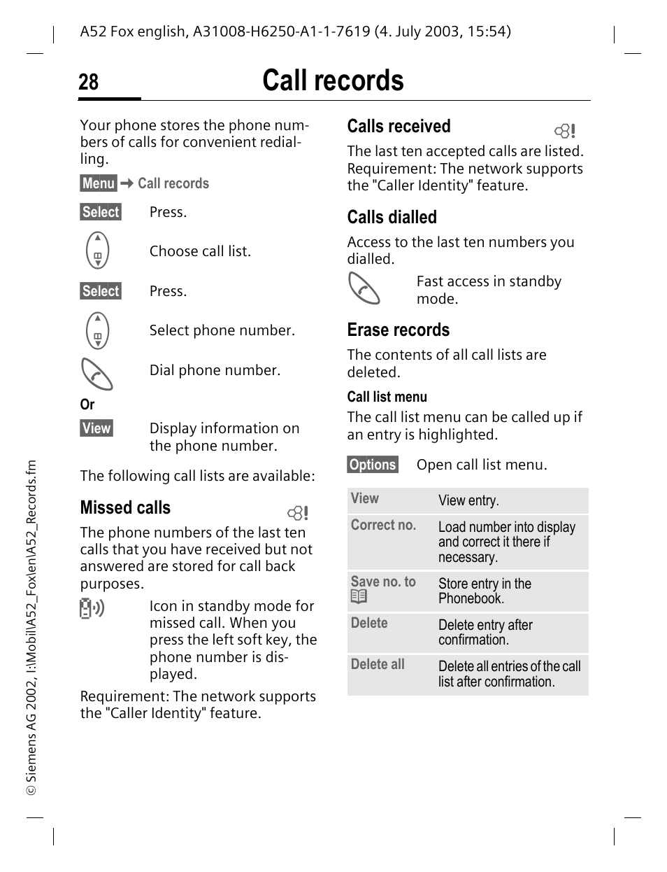 Call records, P. 28, Missed calls | Calls received, Calls dialled, Erase records | Siemens A52 User Manual | Page 29 / 81