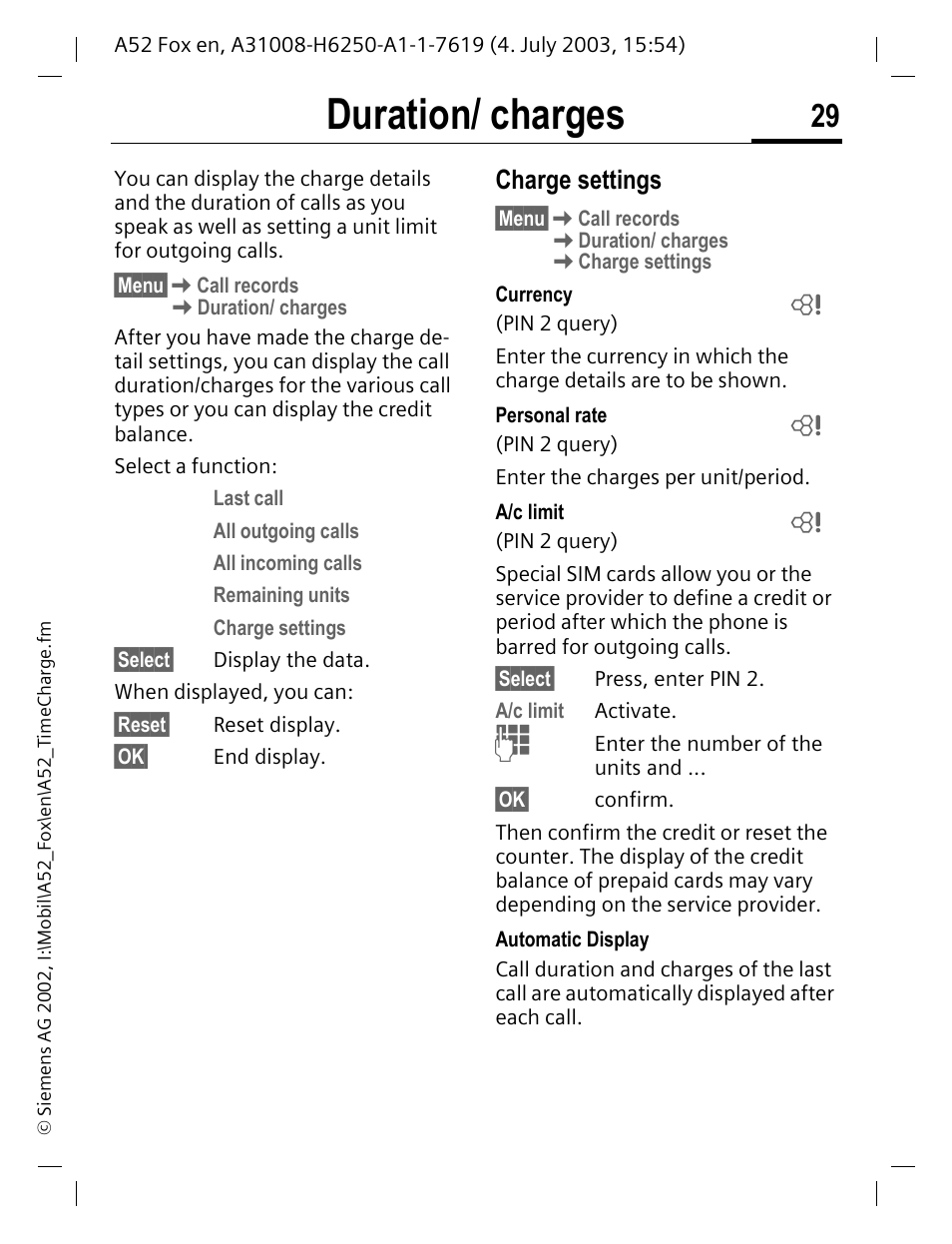 Duration/ charges, P. 29, Charge settings | Siemens A52 User Manual | Page 30 / 81