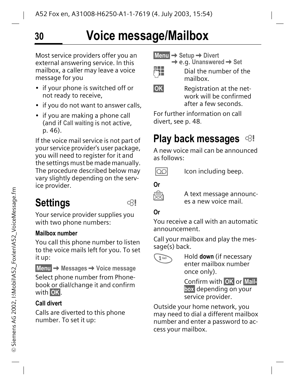 Voice message/ mailbox, Voice message/mailbox, Settings | Play back messages | Siemens A52 User Manual | Page 31 / 81