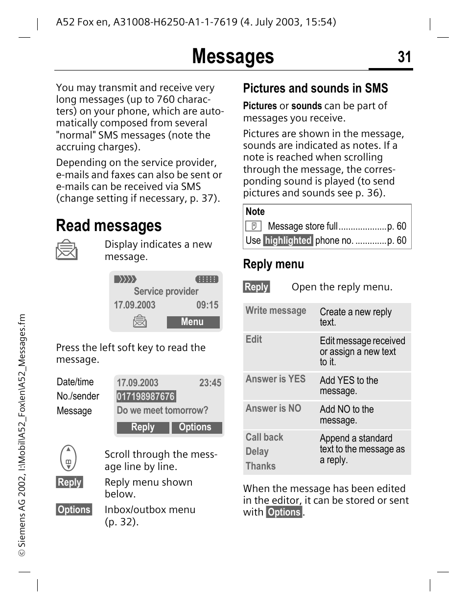 Messages, Read messages, Pictures and sounds in sms | Reply menu | Siemens A52 User Manual | Page 32 / 81