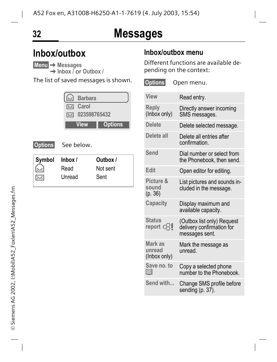 Inbox/outbox, P. 32), Messages | Inbox/outbox menu | Siemens A52 User Manual | Page 33 / 81