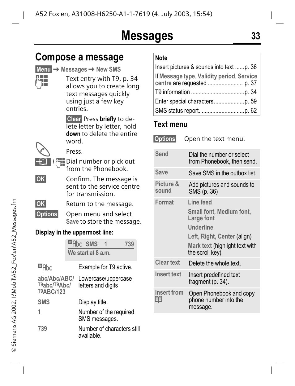 Compose a message, P. 33, Messages | Text menu | Siemens A52 User Manual | Page 34 / 81