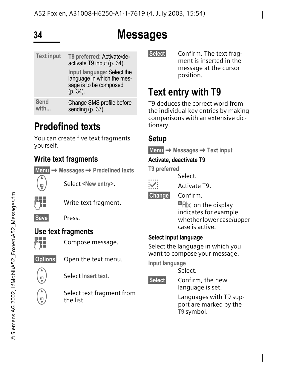 Predefined texts, Text entry with t9, Messages | New sms, Text entry with t9, p. 34, Allows you to create long, P. 34, T (p. 34) | Siemens A52 User Manual | Page 35 / 81