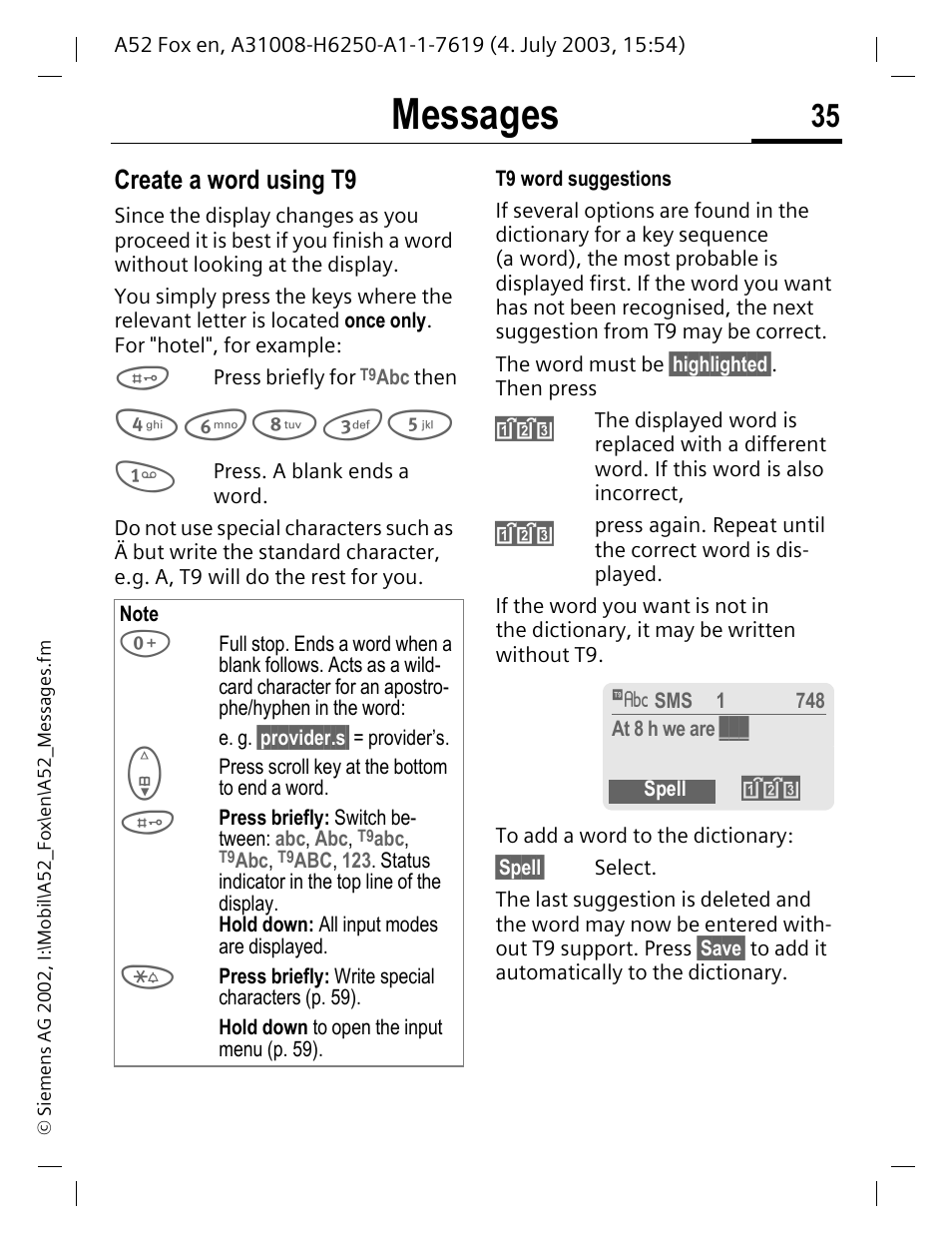 Messages, Create a word using t9 | Siemens A52 User Manual | Page 36 / 81