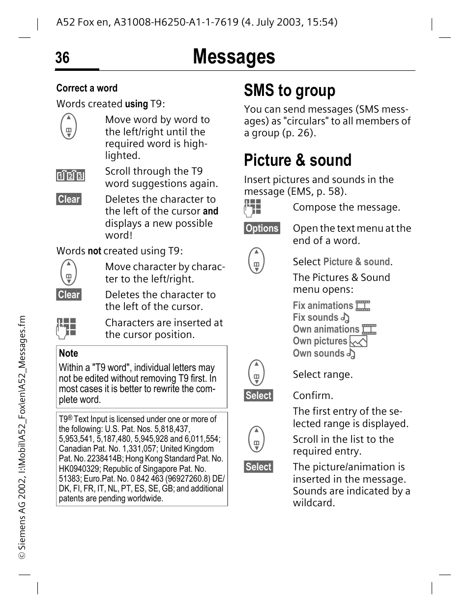 Sms to group, Picture & sound, Es and sounds see p. 36 | P. 36, Sms (p. 36), Messages | Siemens A52 User Manual | Page 37 / 81