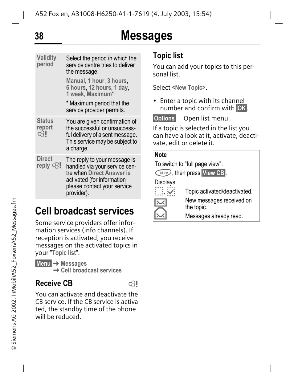 Cell broadcast services, Messages, Receive cb | Topic list | Siemens A52 User Manual | Page 39 / 81