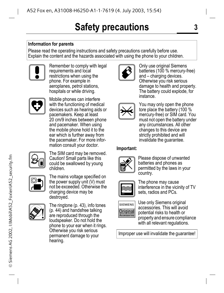 Safety precautions | Siemens A52 User Manual | Page 4 / 81