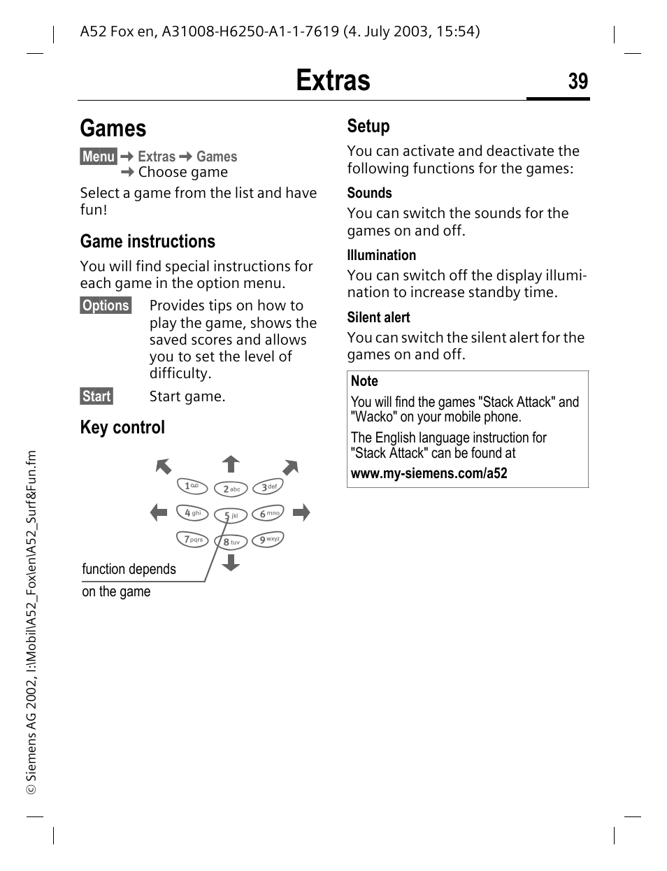 Extras, Games, Game instructions | Key control setup | Siemens A52 User Manual | Page 40 / 81