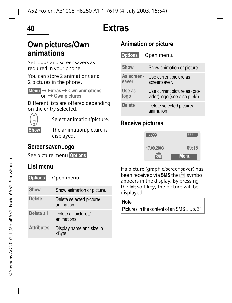 Own pictures/own animations, Own pictures/own animations 40, Extras | Screensaver/logo, List menu, Animation or picture, Receive pictures | Siemens A52 User Manual | Page 41 / 81