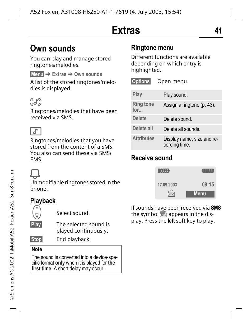 Own sounds, Extras | Siemens A52 User Manual | Page 42 / 81