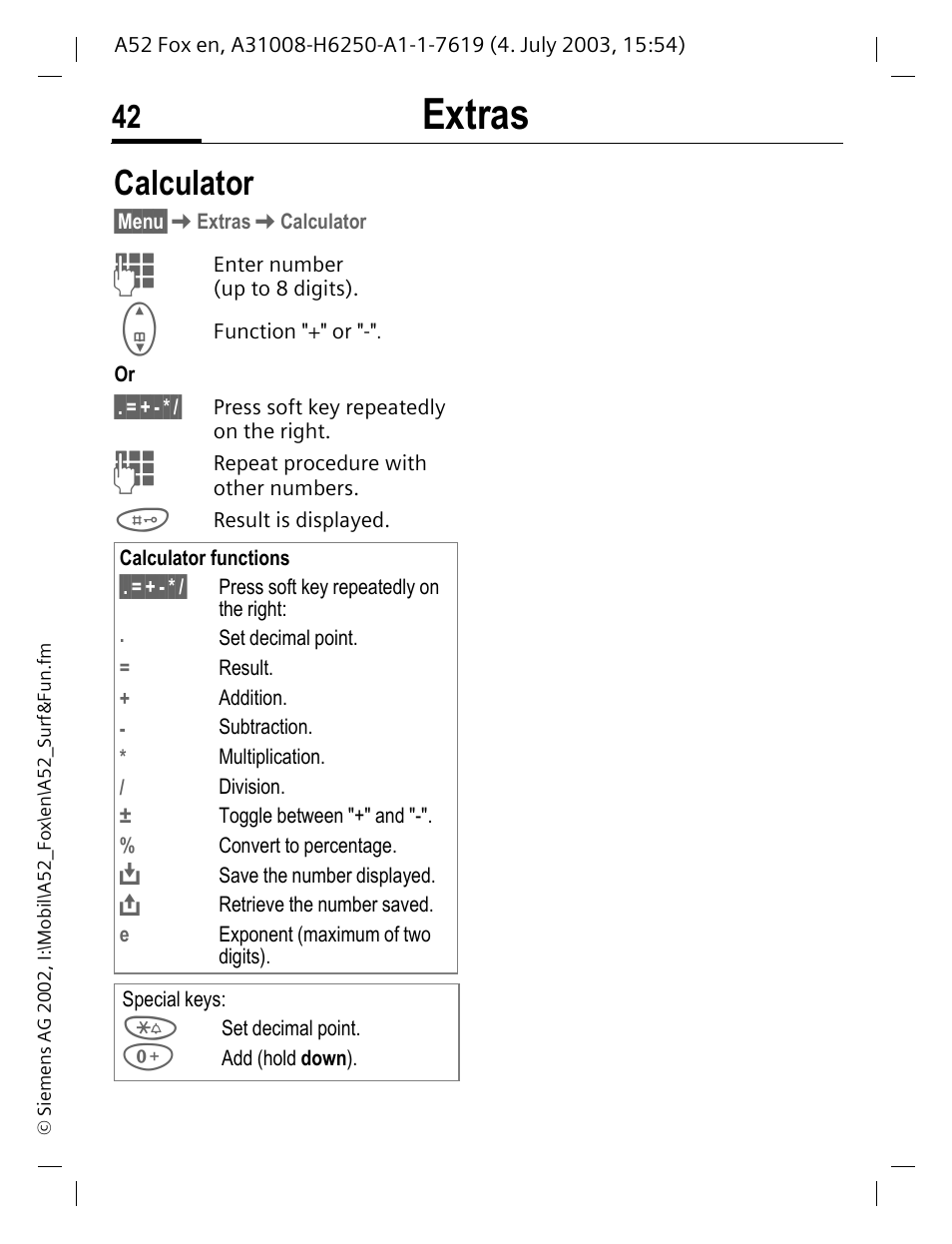 Calculator, Extras | Siemens A52 User Manual | Page 43 / 81